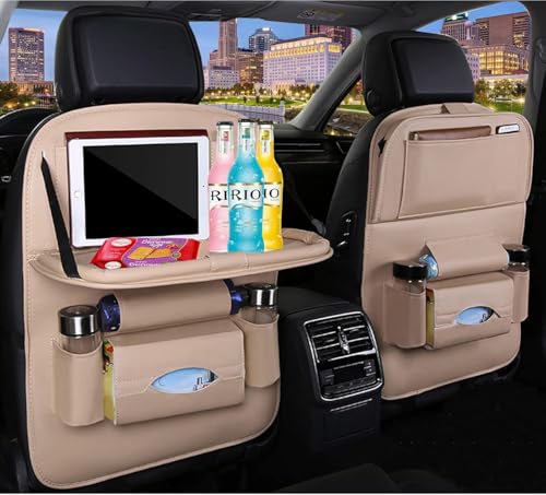 Premium PU Leather Backseat Seat Organizer with Foldable Table, Multi-Storage Pockets and Adjustable Buckle Strap - Beige - color: Beige, size: 2 Pack