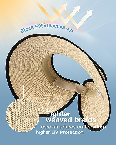 FURTALK Sun Hats for Women Wide Brim Beach Hat Straw Visor Ponytail Summer UV Packable Foldable Beach Vacation Essentials - color: Beige With Black