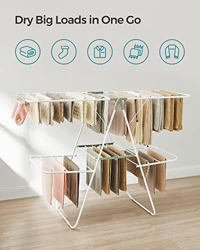 SONGMICS Clothes Drying Rack, Foldable 2-Level Laundry Drying Rack, Free-Standing Laundry Airer, with Height-Adjustable Wings, 33 Drying Rails, Sock Clips, White and Green ULLR053C01V1 - color: White + Green, size: 2 Tiers（22"d x 61.8"w x 64.3''h )