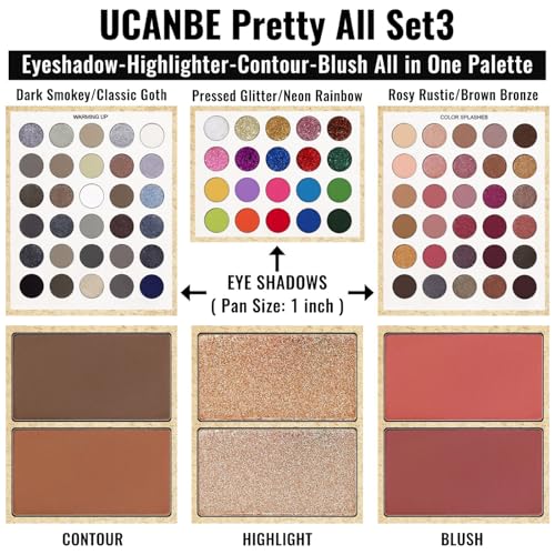 UCANBE Eyeshadow Palette with 15 Brushes Makeup Sets, Pigmented Eye Makeup Pallet Holiday Gift Set, Matte Smokey Rosy Neutral Glitter Eye Shadow Powder & Contour Highlight Blush All-in-One Make Up Kit - color: Palette C + Coffee-Brown Brush