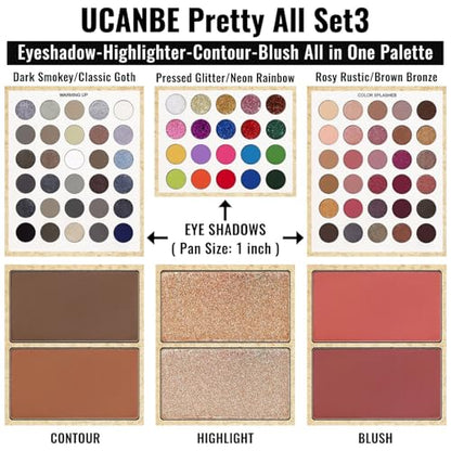 UCANBE Eyeshadow Palette with 15 Brushes Makeup Sets, Pigmented Eye Makeup Pallet Holiday Gift Set, Matte Smokey Rosy Neutral Glitter Eye Shadow Powder & Contour Highlight Blush All-in-One Make Up Kit - color: Palette C + Coffee-Brown Brush