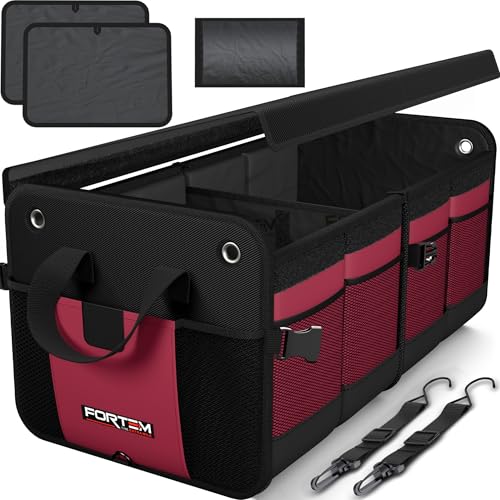 FORTEM Trunk Organizer For SUV Car Organizer and Storage, Collapsible Multi-Compartment Storage Bag Car Accessories for Women Men, 1680D Oxford, Non Slip Bottom, Adjustable Straps, Soft Cover (65L) - color: Red, size: Large (65L)