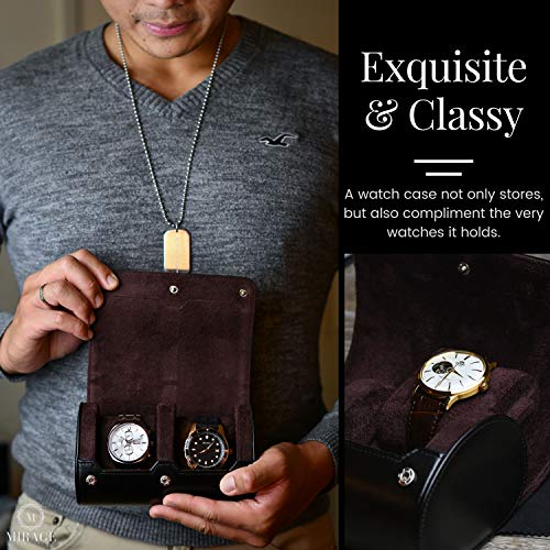 2 Watch Case for Men - Watch Roll Travel Case - Jade Black Motif Vegan Leather - color: Jade Black 2-watch case