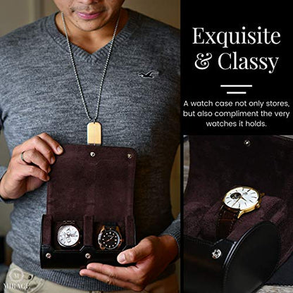 2 Watch Case for Men - Watch Roll Travel Case - Jade Black Motif Vegan Leather - color: Jade Black 2-watch case