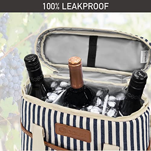 Opux 3-Bottle Wine Carrier Tote, Insulated Leakproof Cooler Bag, Portable Wine Bottle Tote for Picnic, BYOB, Beach - Stripe - color: Navy Stripes