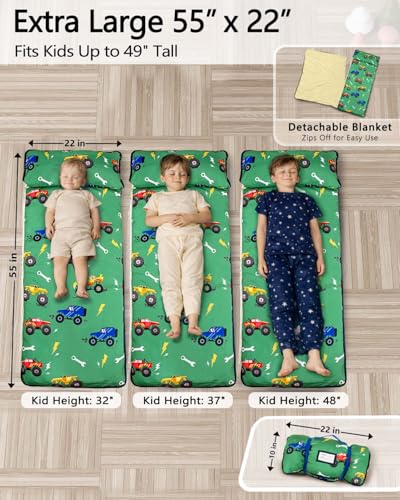 Primlect Toddler Nap Mat Extra Large Thickened 55''x35'', Soft Sleeping Bag with Detachable Minky Blanket and Pillow, Portable for Daycare, Preschool, Kindergarten, Travel, Boys and Girls - color: Green Truck
