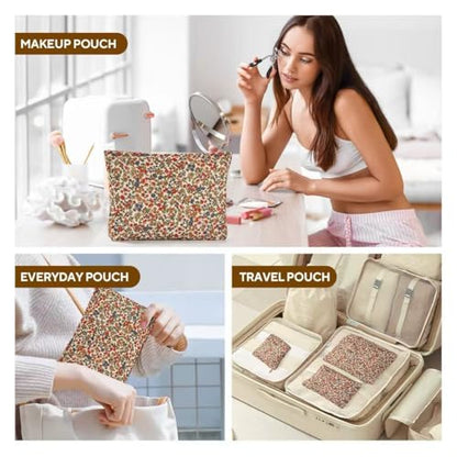 3Pcs Floral Makeup Bags, Cosmetic Bags for Women, Large Capacity Corduroy Makeup bag Set and Portable Mini Makeup Bag,Aesthetic Women Handbags Purses, Travel Essentials Aesthetic Stuff (Floral 01)