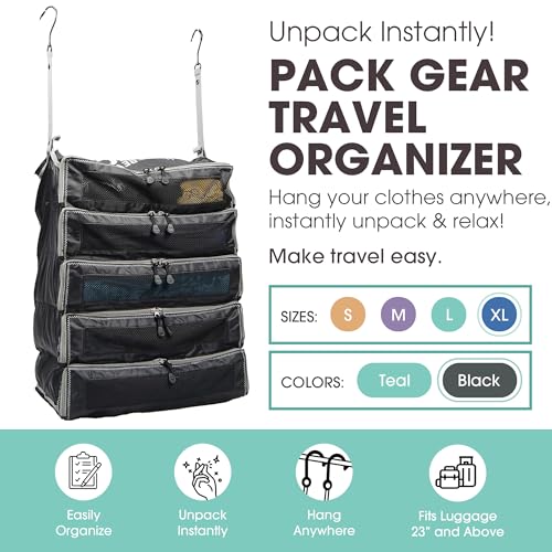 Pack Gear Hanging Suitcase Organizer - Our XL Hanging Luggage Organizer Perfectly Fits Any Suitcase - Our Packing Cubes For Travel Use Mesh Windows to Make Finding Any Outfit Easy (Black, XL) - color: Black, size: X-Large (Check-In)