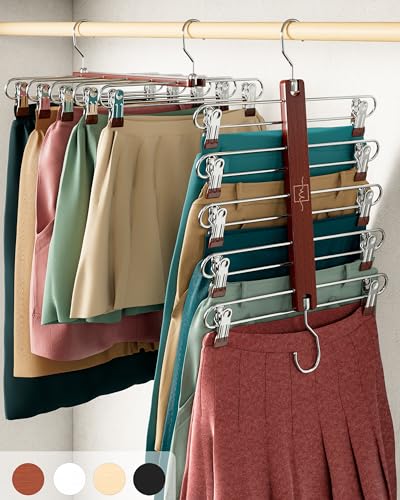 MORALVE Skirt Hangers Space Saving with Clips - 2 Pack - European Beechwood 5-Tier Hanger for Shorts, Skirts, and Pants - Closet Organizer and Storage Solution for Women with 360° Swivel Hook - color: Mahogany