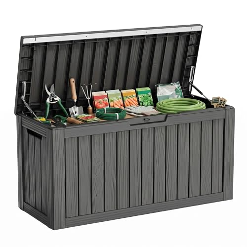 86 Gallon Deck Box, Lockable Waterproof Outdoor Storage Boxes For Garden Tools,Indoor Cushions,Accessories Outside Storage Resin Weatherproof Container(Black) - color: Black, size: 86 Gallon