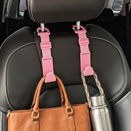 Amooca Car Headrest Hooks 4 Pack Adjustable Universal Fit Auto Seat Back Organizer Storage Hanger Purse Bags Holder with Clip Pink - color: Pink