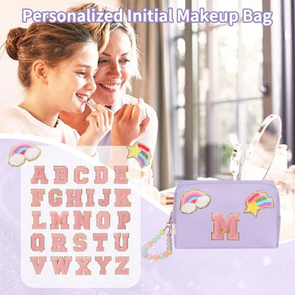 Initial Makeup Bag for Girls, Cute Makeup Bag Small Cosmetic Bag Travel Make Up Organizer Pouch, Birthday Gifts for Girls 4 5 6 7 8 9 10 11 12 13 14 15 Years Old, Teen Girls Gifts Trendy Stuff - color: Purple + Bracelet, style: M