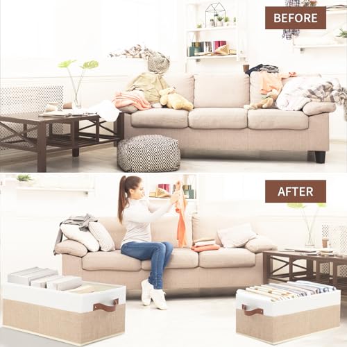 Closet Organizer Bins 3 Pack, Large Storage Bins for Shelves, Foldable Closet Storage Boxes Baskets with Leather Handles for Organizing Clothes, Sheets, Jeans, Toys, Books（Begie） - style: 3 Pack Begie & White