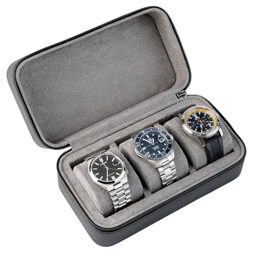 Watch Travel Case for Men | Leather Watch Case with 3 Slots | Perfect Travel Watch Organizer | Portable Watch Carrying Case for Men (Black/Grey) - color: Black / Grey