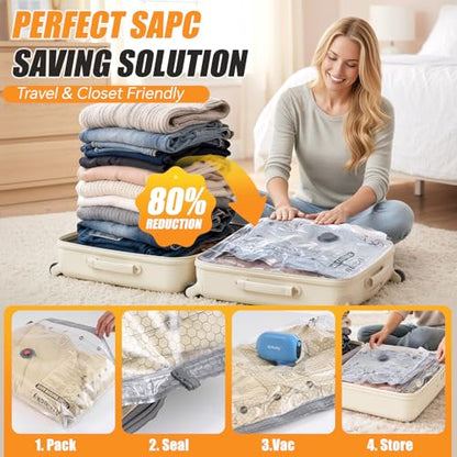 Travel Vacuum Storage Bags with Pump, Carry-on Compression Packing Bags + Portable Electric Pump, 80% Space Saver of Clothes, Vacuum Seal Bags for Clothing Travel Luggage, Pack of 20