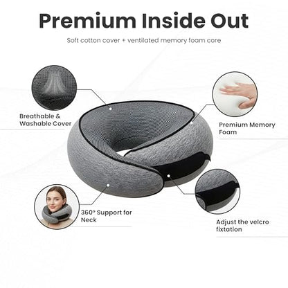 Travel Neck Pillow for Airplane – Ergonomic 360° Memory Foam Support | Lightweight & Portable Roll-Up Design| Includes Eyemask & Earplugs|Ultimate Comfort for Flights, Car & Office (Small Gray)