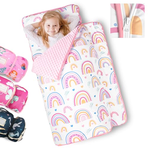 Primlect Toddler Nap Mat Extra Large Thickened 55''x35'', Soft Sleeping Bag with Detachable Minky Blanket and Pillow, Portable for Daycare, Preschool, Kindergarten, Travel, Boys and Girls - color: White Rainbow