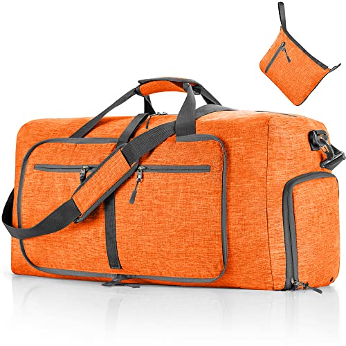 Vomgomfom 65L/85L/115L Foldable Travel Duffle Bag, Lightweight Checked Luggage with Shoe Compartment, Water-Resistant Weekender Overnight Bag for Men & Women - color: L Orange, size: 65L