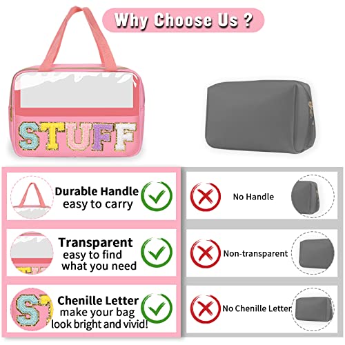 Preppy Clear Stuff Makeup Bags with Chenille Letter Patches, Travel Essentials Large Clear Make up Bag Zipper Pouch with Handle, Waterproof Nylon Cosmetic Toiletry Storage Tote for Women (STUFF-Pink) - color: STUFF-Pink