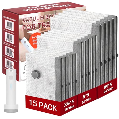 Rechargeable Wireless Pump Travel Storage Bags Set, 15 Combo (5XS/5S/5M) Portable Space Saver Bags for Travel & Home, Vacuum Compression Packing Seal for Clothes, Blankets, Home Seasonal Storage - size: 15 Combo (5XS/5S/5M)