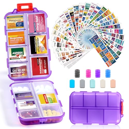 14 Grids Travel Pill Organizer Box with 415-Pcs Medicine Name Labels, Pocket Daily Pharmacy Case Container, Travel Medication Holder Dispenser Kit for Fish Oil Vitamin Supplement Storage -Clear Purple - color: Clear-purple, size: with Bulk Med Labels