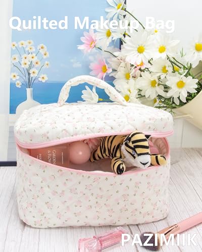 Quilted Makeup Bag Large Travel Zipper Soft Cosmetic Case for Women Girls Make Up,Little Flower Pink - color: Little Flower Pink, size: 1 PCS Bag