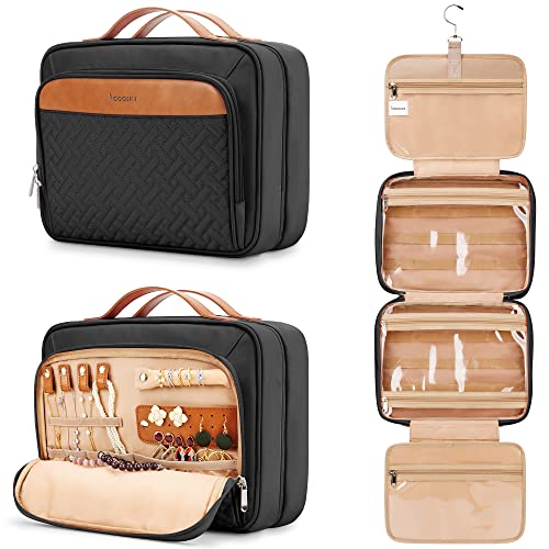 COOSKY Travel Hanging Toiletry Bag for Women, Holds Full-Size Shampoo, with Jewelry Organizer Compartment, Extra Large Makeup Bag, Waterproof Cosmetic Bag, Toiletries Kit Set with Trolley Belt, Black - color: Black, size: Large