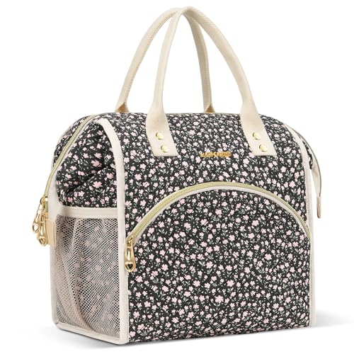 LOKASS Insulated Lunch Bag Women- Reusable 10 L Lunch Box for Women - Leakproof Tote Cooler Bag for Adults Work, Beach, Travel, Picnic （Black Small Florals） - color: Black Flower