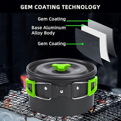 aiGear 3pcs Camping Cooking Set for 1-2 People, Lightweight Foldable Pot Pan Kettle with Storage Bag, Backpacking Cooking Set for Hiking Picnic Camping - color: Green