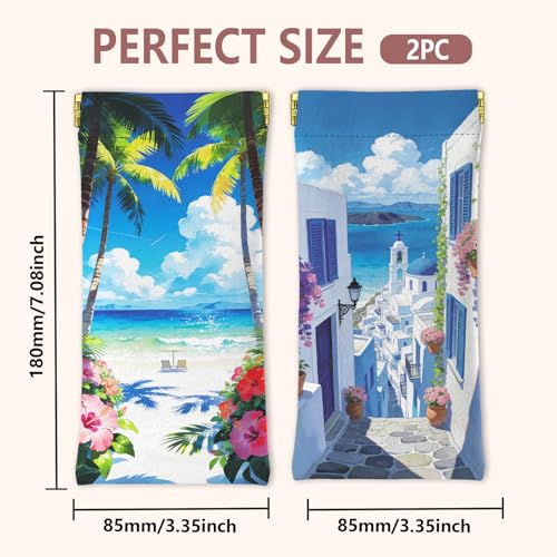 GLOBLELAND 2 Pcs Summer Soft PU Leather Glasses Bag for Sunglasses Watches Phones Makeup Brushes - color: Summer Scenery