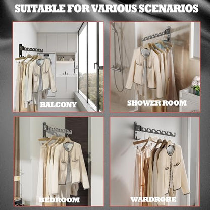 Dr.DJ Wall Mount Coat Hanger Holder Black Clothes Drying Organizer Rack Garment Hooks Aluminium Retractable Folding Indoor Wall Mounted Hanger for Laundry Room Bedroom Black 2Pack with 80cm Rod - color: Black 2Racks+Rod