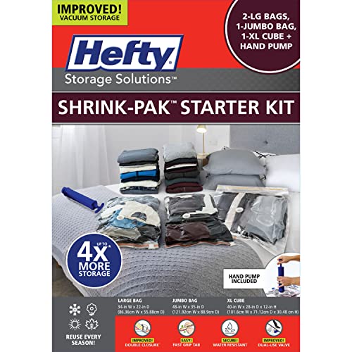 Hefty Shrink-Pak Starter Kit - 2 Large, 1 XL Cube, 1 Jumbo Vacuum Seal Storage Bag and Hand Pump – Space Saver Bags for Clothing, Pillows, Towels, or Blankets, 5 Pc Set - style: Starter Kit