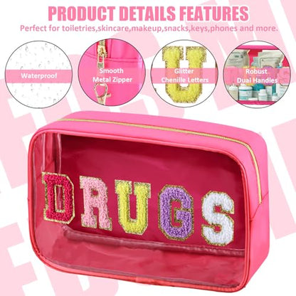 BuyCard 2 Pcs Chenille Letter Drugs Clear Makeup Meds Bag, Nylon & PVC Transparent Cosmetic Bag, Preppy Patch Drug Bag, Toiletry Storage for Women Girls, Rose Red - color: DRUGS-Rose Red, style: 2 Pcs-clear