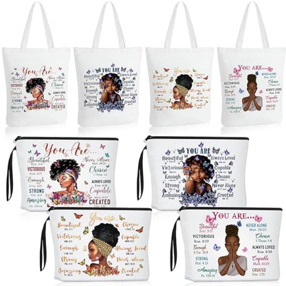 Roowest 8 Pcs Juneteenth African American Gifts for Women Bulk Inspirational 4 Tote Bags 4 Makeup Bags Zipper Work Travel(Stylish Style) - style: Stylish Style