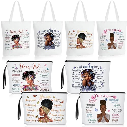 Roowest 8 Pcs Juneteenth African American Gifts for Women Bulk Inspirational 4 Tote Bags 4 Makeup Bags Zipper Work Travel(Stylish Style) - style: Stylish Style