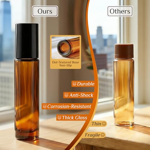 PrettyCare Set of 120, Bulk 10 ml Essential Oil Roller Bottles with Stainless Steel Roller Ball - Refillable Leak-proof Empty Thick Amber Glass Roll on Bottles with Black Caps for Travel, Perfume - color: Amber with Black Cap, size: 120 Pack