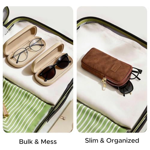 KINIVA Double Eyeglass Case for Men Women, 2-in-1 PU Dual Sunglasses Case, Scratch-Proof Travel Eyeglass Holder for Purse Car - style: Brown Matte
