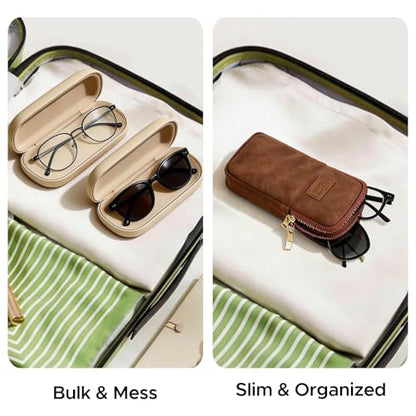 KINIVA Double Eyeglass Case for Men Women, 2-in-1 PU Dual Sunglasses Case, Scratch-Proof Travel Eyeglass Holder for Purse Car - style: Brown Matte