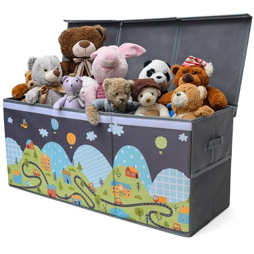 SoftOwl Extra Large Toy Storage Organizer with Lid - Sturdy, Collapsible Toy Chest Storage Box with Cute Design - Toys Bin with Dividers for Kids, Boys, Girls, Nursery, Bedroom, Play room 37"x16"x14" - color: Road - Gray