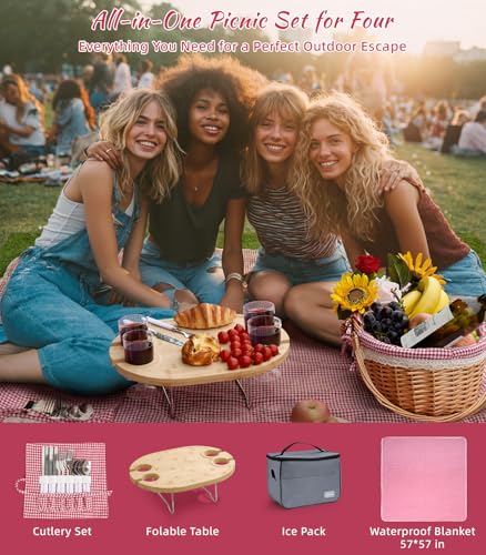 Family Picnic Basket for 4 with Table and Blanket Collapsible Cooler Bag Insulated Picnic Set for Beach Picnic Hamper Picnic Date Essentials for Outdoor Picnic Accessories