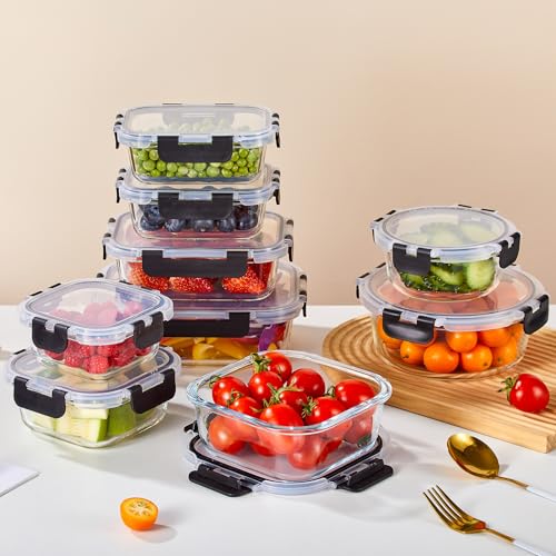 Liuruiyu 12 Pack Glass Food Storage Containers with Lids, Meal Prep Containers, Airtight Bento Boxes with Leak Proof Locking for Microwave, Oven, Freezer and Dishwasher, BPA Free - color: 12 Pack-(10.5-51.1oz)