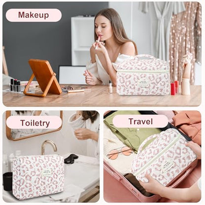 GISMTR 3Pcs Makeup Bag Cotton Quilted Travel Cosmetic Bag Cute Floral Makeup Pouch Large Toiletry Bag for Women Girls - color: Pink leopard print