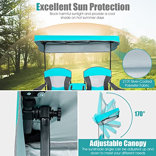 S AFSTAR Double Camping Chair w/Shade Canopy, 2-Person Folding Camp and Beach Chair with Mini Table Beverage Cup Holder Carrying Bag, Collapsible Camping Chairs for Garden Patio Pool Beach - color: Turquoise