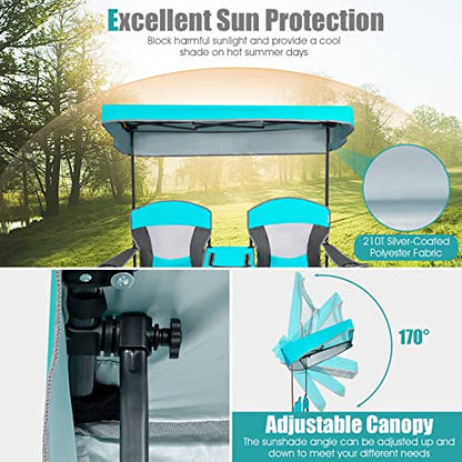 S AFSTAR Double Camping Chair w/Shade Canopy, 2-Person Folding Camp and Beach Chair with Mini Table Beverage Cup Holder Carrying Bag, Collapsible Camping Chairs for Garden Patio Pool Beach - color: Turquoise
