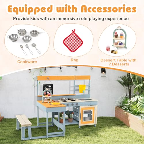 HONEY JOY Mud Kitchen & Kids Picnic Table, 2 in 1 Fir Wood Play Kitchen w/Built-in Bench, Blackboard, Water Box, Sink, Dessert & Cookware, Outdoor Kitchen Playset for Backyard