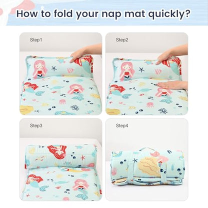 PHF Soft Toddler Nap Mat with Removable Pillow, Rollup Design Kids Sleeping Mat, Slumber Bags for Girls, 50"x20" Toddler Sleeping Bag for Daycare Preschool Travel Camping, Cute Mermaid - color: Cute Mermaid