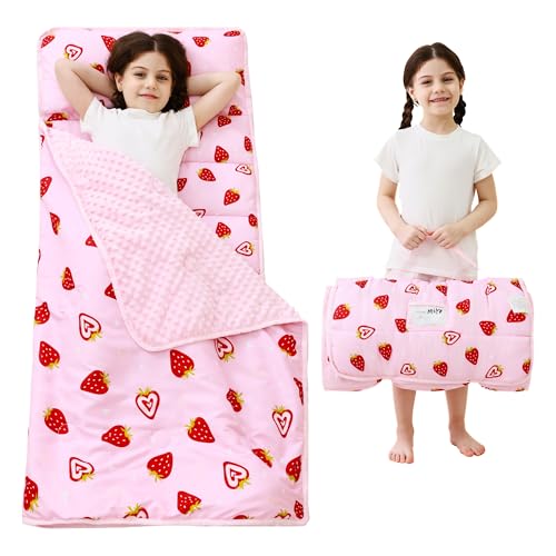 Lasoftan Toddler Nap Mat with Pillow and Blanket, Extra Large Rolled Napping Mats,Slumber Bags for Boys Girls,Kids Sleeping Bag for Daycare, Preschool Travel Camping - color: Pink Strawberry