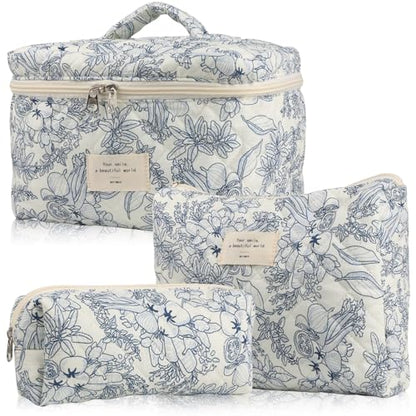 NATINSA Cute Makeup Bag for Women(2 Pcs), Travel Cosmetic Bags, Quilted Coquette Aesthetic Floral Toiletry Organizer Bag (22 - Black Flower) - color: 22 - Black Flower