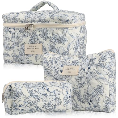 NATINSA Cute Makeup Bag for Women(2 Pcs), Travel Cosmetic Bags, Quilted Coquette Aesthetic Floral Toiletry Organizer Bag (22 - Black Flower) - color: 22 - Black Flower