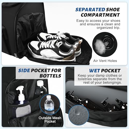 Wohlbege Travel Duffel Bag 55L, Carry On Gym Bag with Shoe Compartment & Wet Pocket, Water Resistant Weekender Overnight Bag with Luggage Sleeve for Men Women